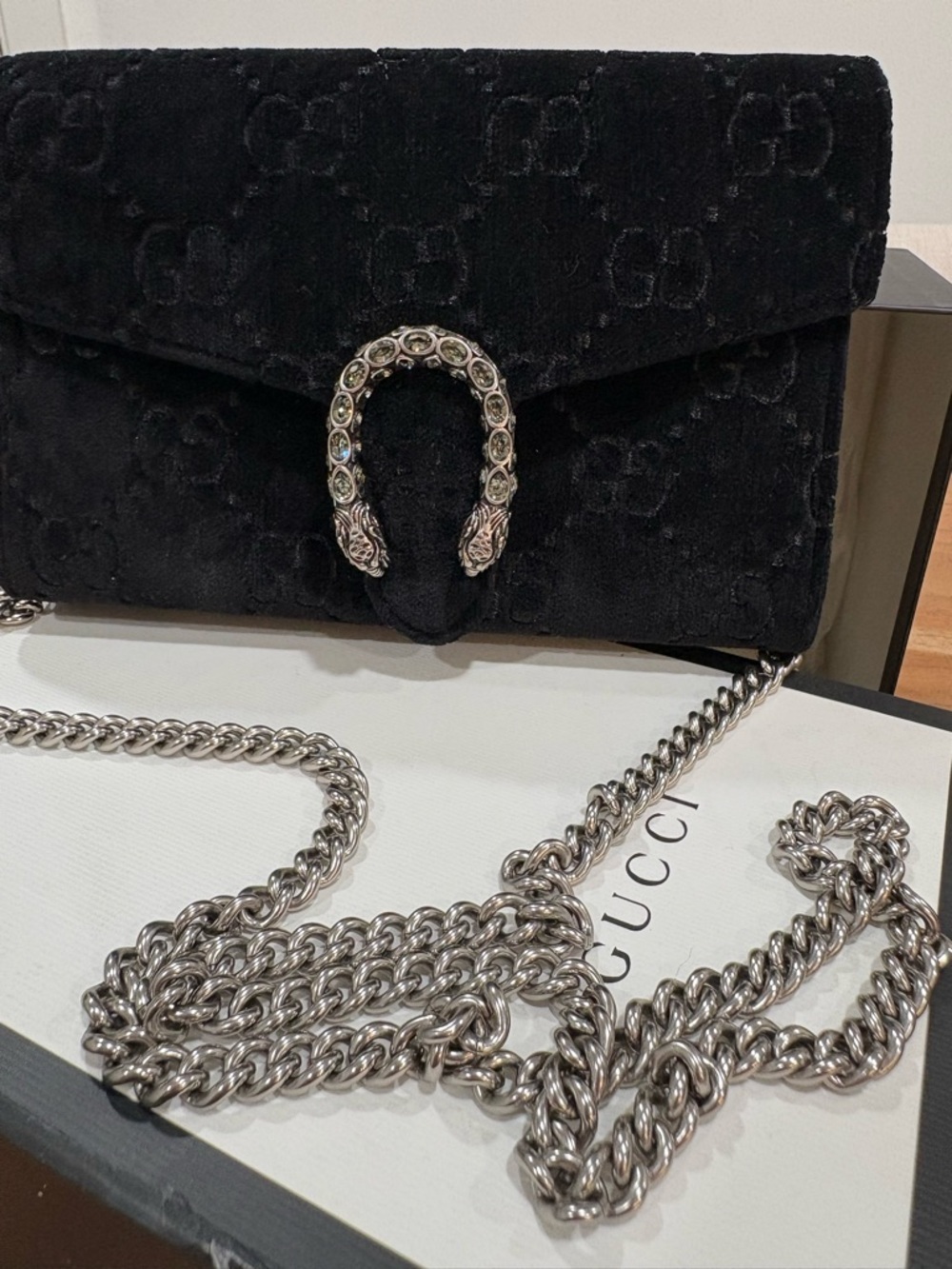 Gucci Black Velvet Dionysus Shoulder Bag with Silver Chain